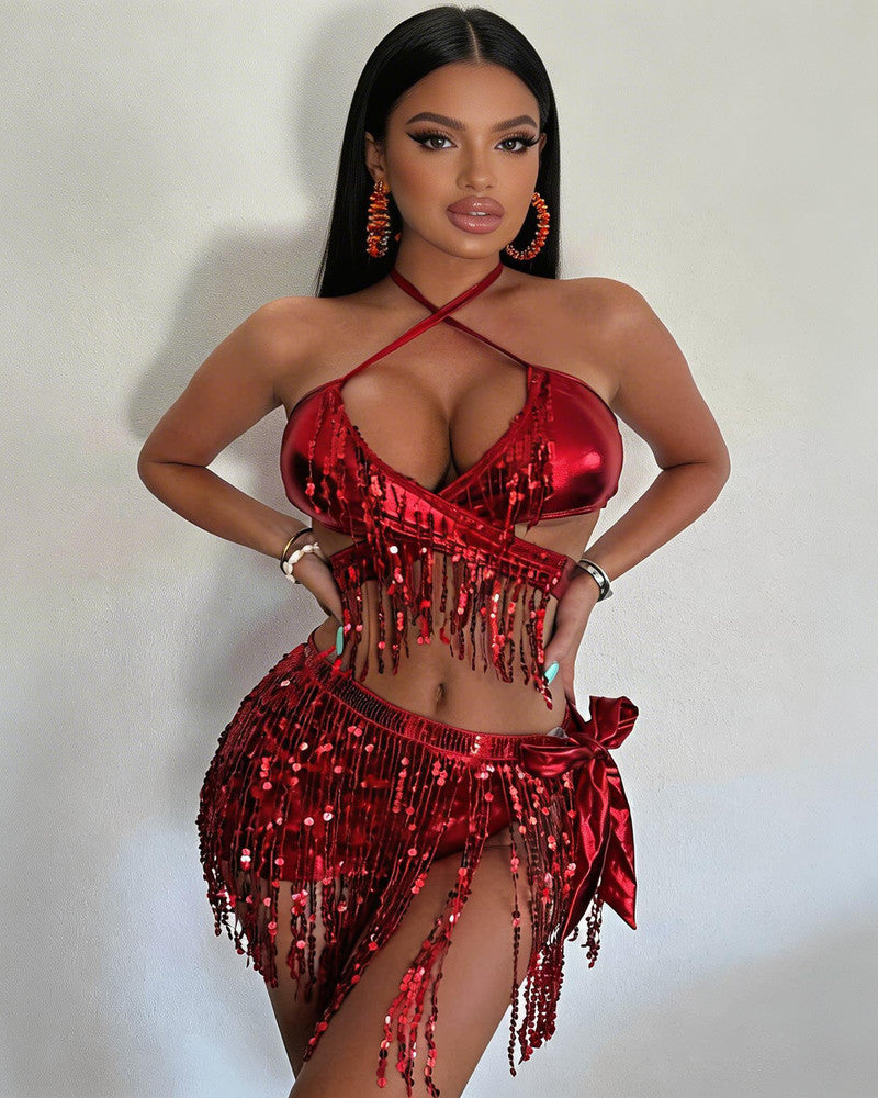 Iridescent Sequin Fringe Halter Crop Top Skirt Set