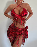 Iridescent Sequin Fringe Halter Crop Top Skirt Set