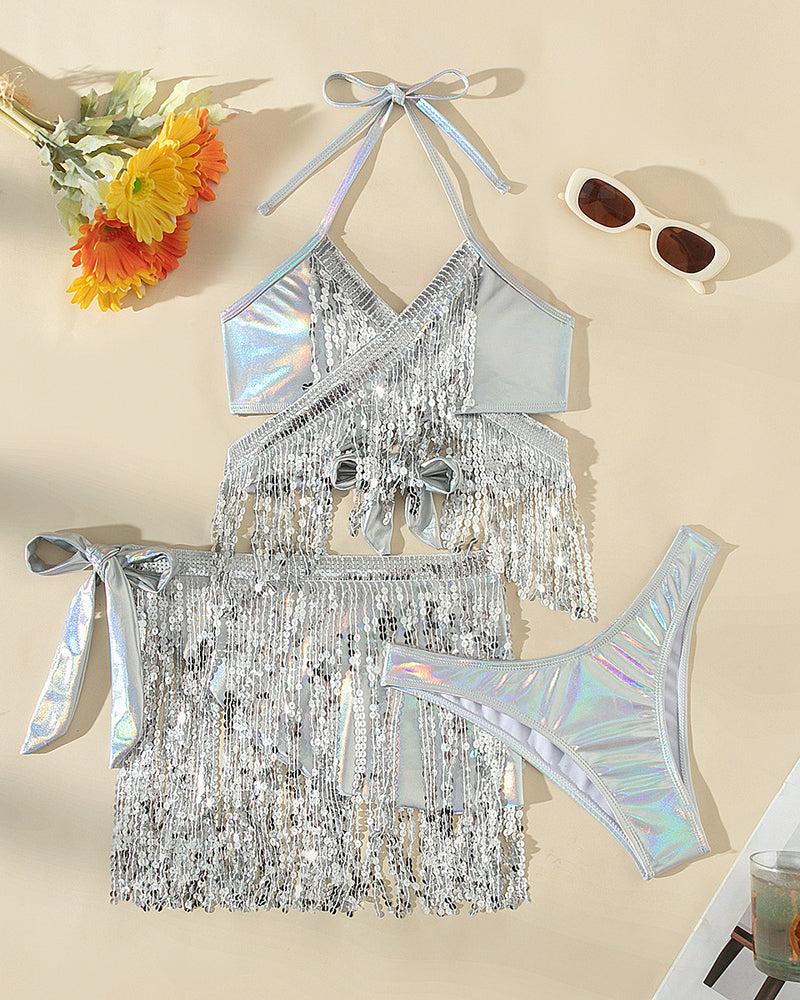 Iridescent Sequin Fringe Halter Crop Top Skirt Set
