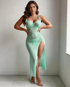 Butterfly Appliqu Sheer Mesh Maxi Dress with Panty