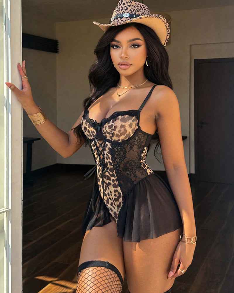 Leopard Lace Corset Babydoll Set with Fishnet Thigh