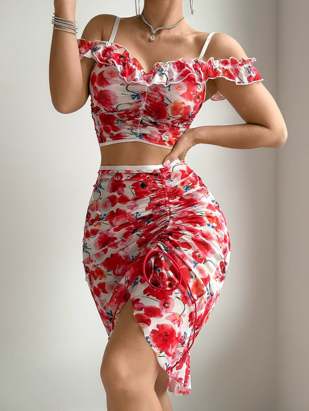 Floral Mesh Ruched Two-Piece Set