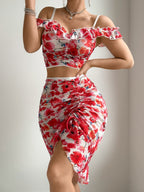 Floral Mesh Ruched Two-Piece Set