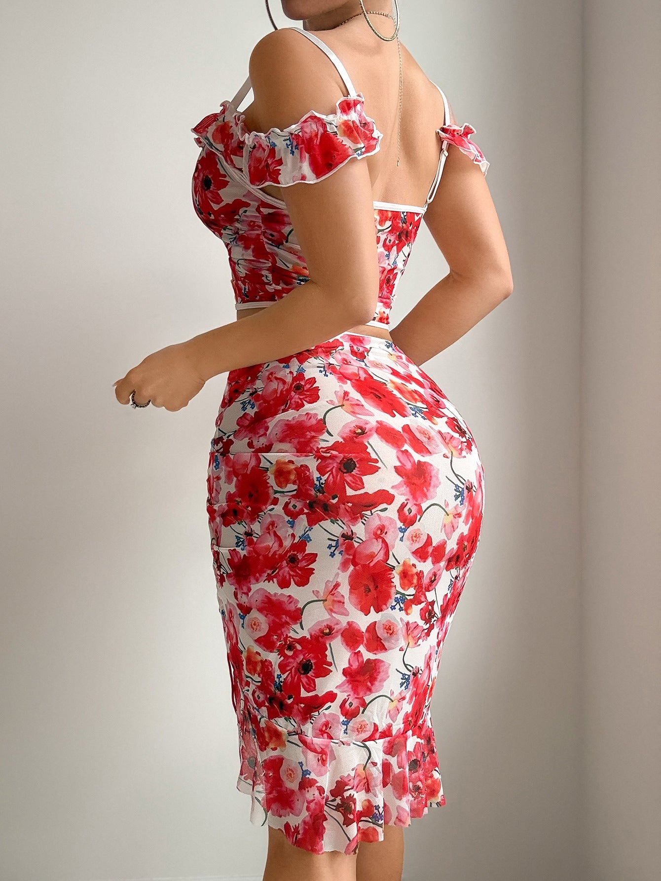 Floral Mesh Ruched Two-Piece Set