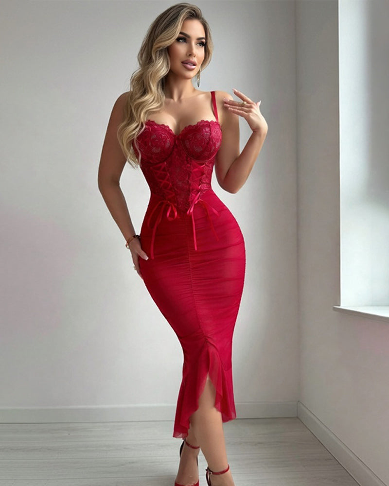 Red Lace Ruched Corset Sheer Midi Bodycon Dress