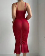 Red Lace Ruched Corset Sheer Midi Bodycon Dress