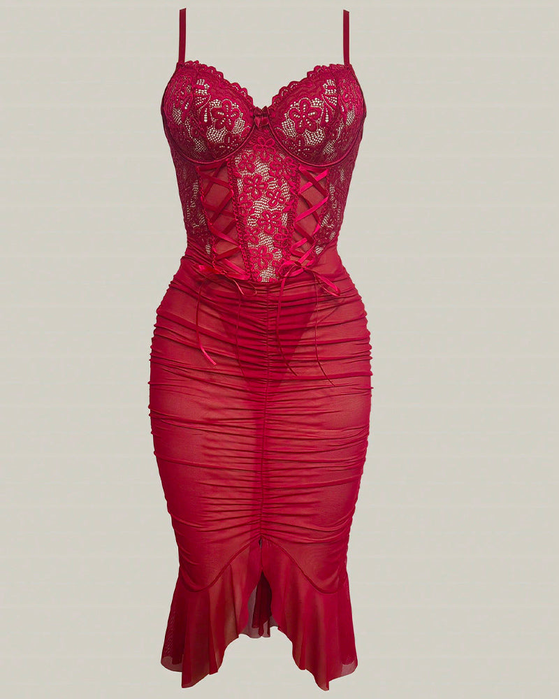Red Lace Ruched Corset Sheer Midi Bodycon Dress