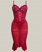 Red Lace Ruched Corset Sheer Midi Bodycon Dress