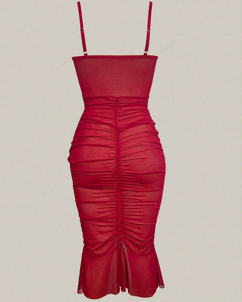 Red Lace Ruched Corset Sheer Midi Bodycon Dress
