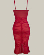 Red Lace Ruched Corset Sheer Midi Bodycon Dress