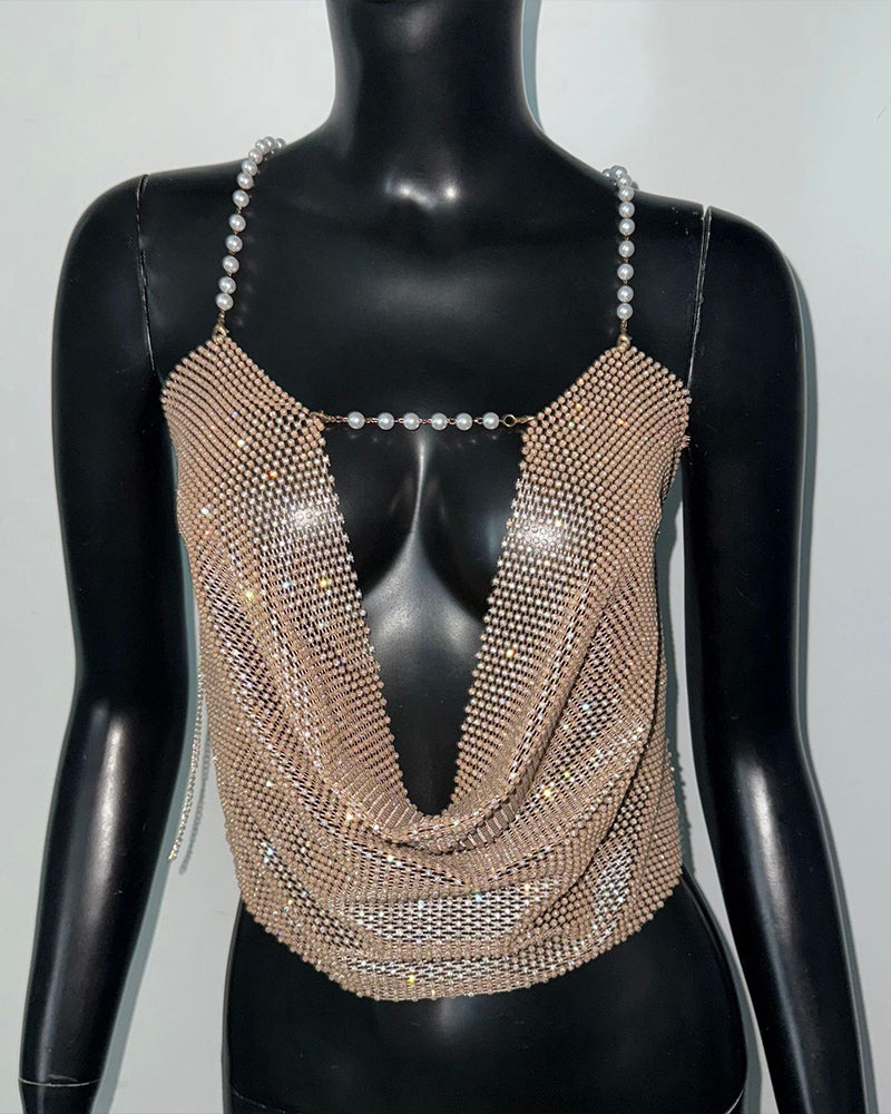 Crystal Rhinestone Pearl Strap Halter Top