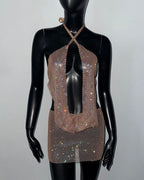Rhinestone Crystal Plunge Crop Top & Mini Skirt Set