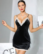 Velvet Lace Plunge Neckline Side Tie Nightdress