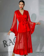 Polka-Dot Chiffon Silk Long Sleeve Robe Belted Dres