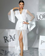 Polka-Dot Chiffon Silk Long Sleeve Robe Belted Dres