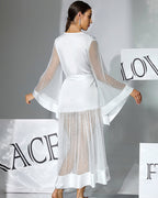Polka-Dot Chiffon Silk Long Sleeve Robe Belted Dres
