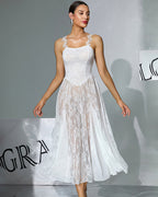 Floral Lace Midi Sheer Overlay Dress with Pearl Accents