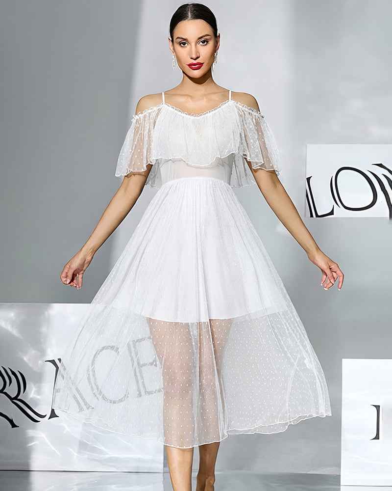 Off-Shoulder Polka-Dot Chiffon Babydoll Dress