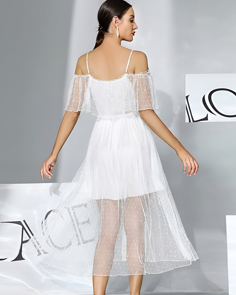 Off-Shoulder Polka-Dot Chiffon Babydoll Dress