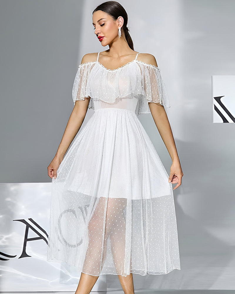 Off-Shoulder Polka-Dot Chiffon Babydoll Dress