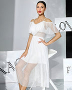 Off-Shoulder Polka-Dot Chiffon Babydoll Dress