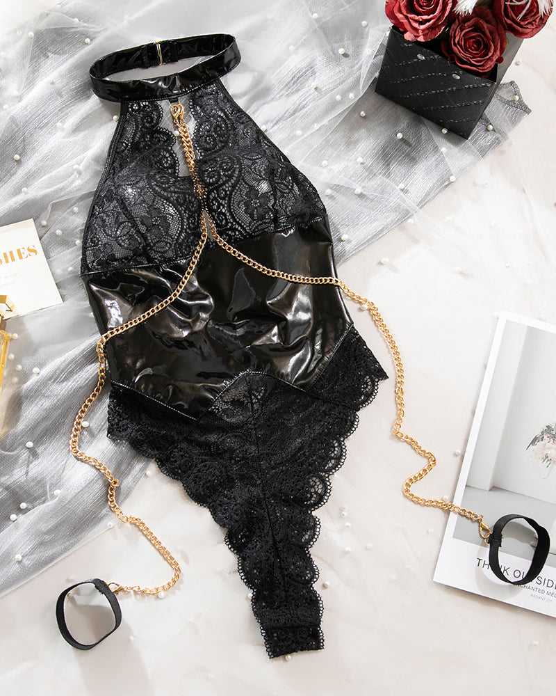 Lace Halter Choker Chain Harness Bodysuit