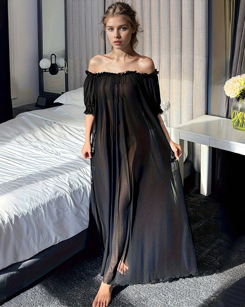 Off-Shoulder Chiffon Mesh Maxi Nightdress