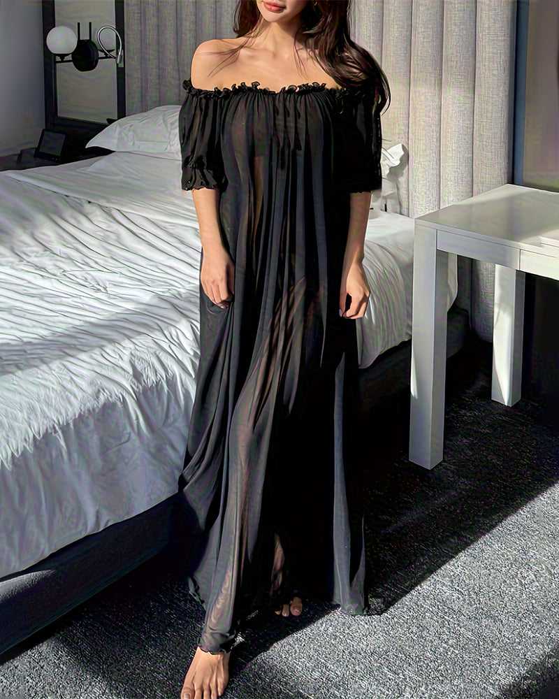 Off-Shoulder Chiffon Mesh Maxi Nightdress