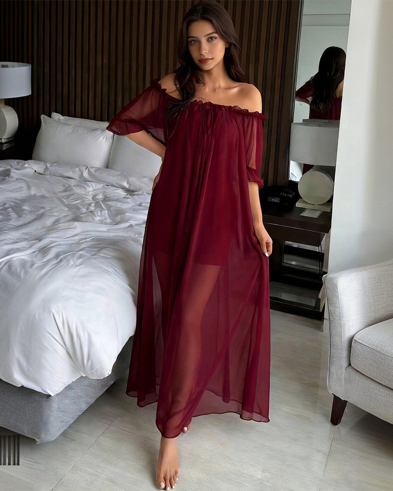 Off-Shoulder Chiffon Mesh Maxi Nightdress