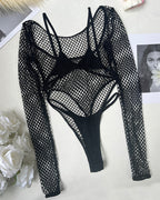 Long Sleeve Fishnet Sheer Bodysuit 3pcs Set