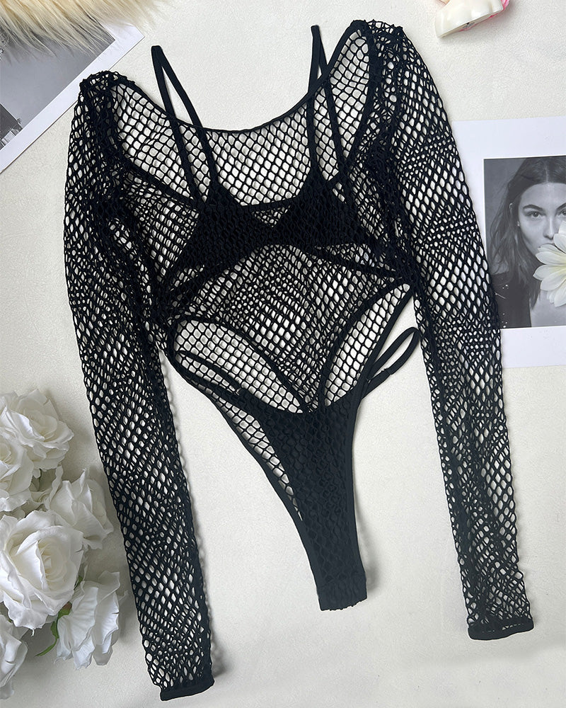 Long Sleeve Fishnet Sheer Bodysuit 3pcs Set