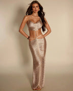 Halter High Slit Chain Details Fringe Maxi Dress