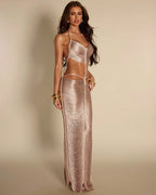 Halter High Slit Chain Details Fringe Maxi Dress