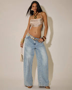 Shimmer Ruched Bralette Fringe Halter Crop Top