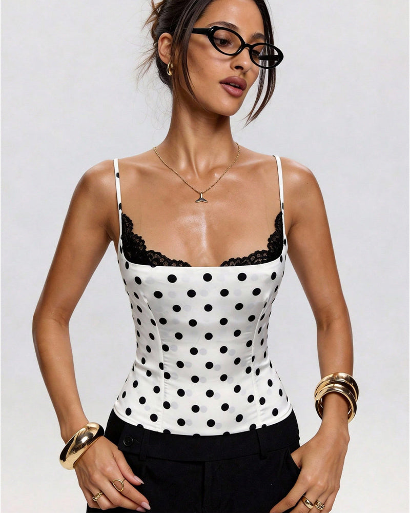 Polka Dot Corset Crop Top Lace Trim Cami Bustier