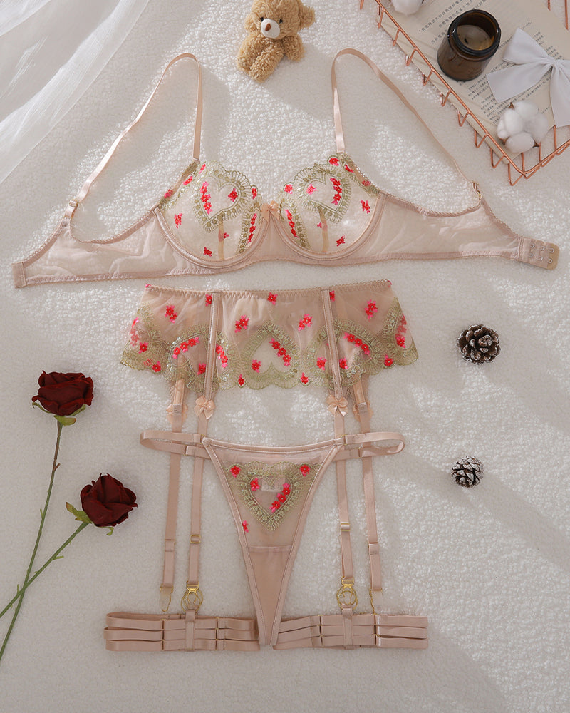 Floral Embroidery Underwire Bra & Garter Set