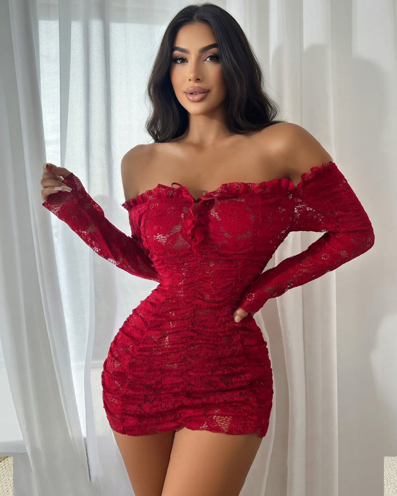 Off Shoulder Lace Mini Dress Ruched Bodycon Dress