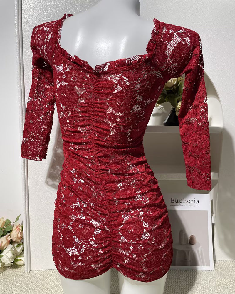 Off Shoulder Lace Mini Dress Ruched Bodycon Dress