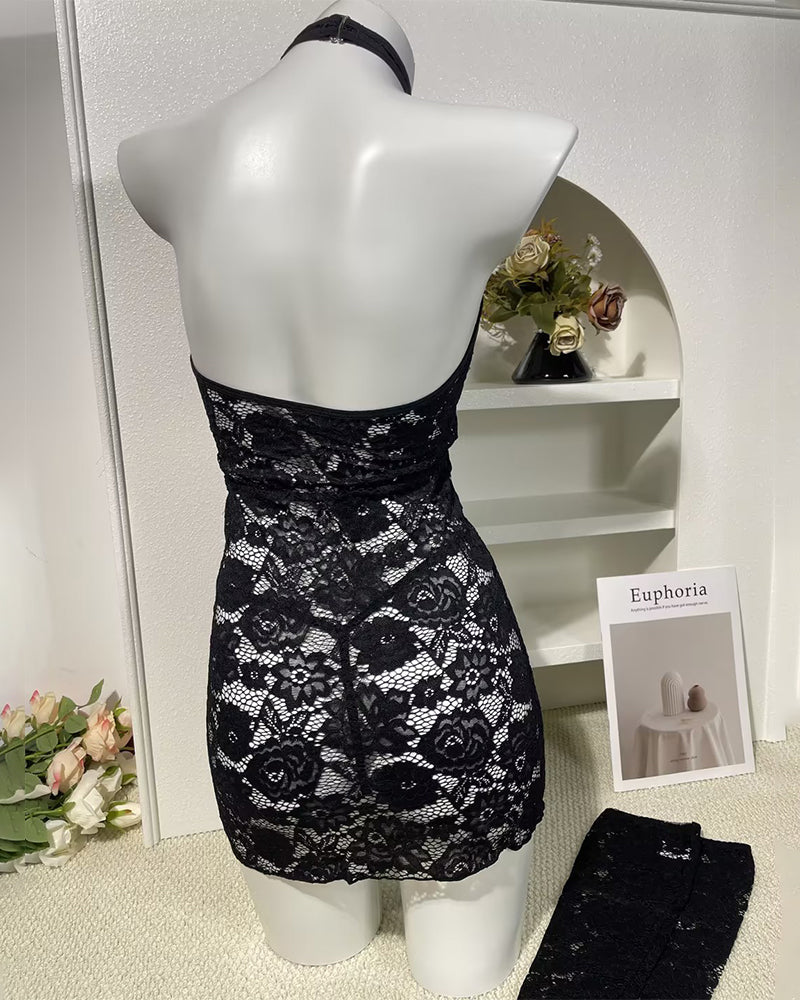 Halter Crisscross Cut Out Bodycon Lace Dress with Gloves