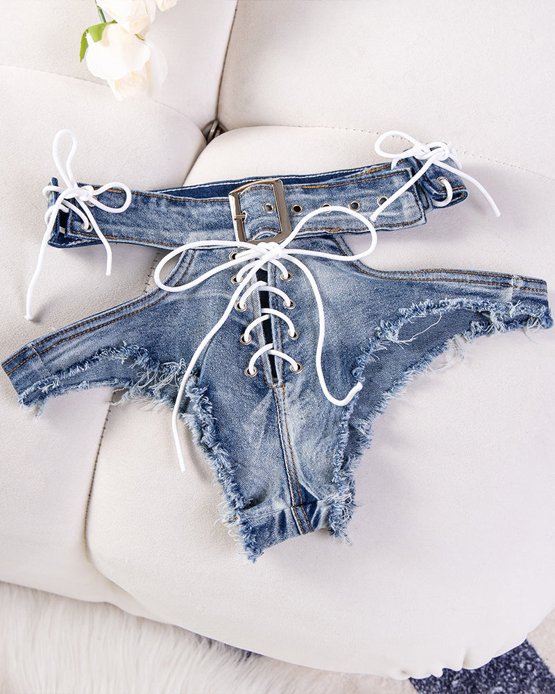 Denim Cut Out Thong Lace-Up Strappy Denim Shorts