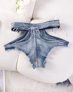 Denim Cut Out Thong Lace-Up Strappy Denim Shorts