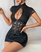 Tie-Front Boned Corset Top with Cap Sleeves