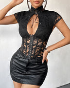 Tie-Front Boned Corset Top with Cap Sleeves
