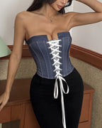 Denim Lace-Up Boned Strapless Corset Top
