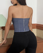 Denim Lace-Up Boned Strapless Corset Top