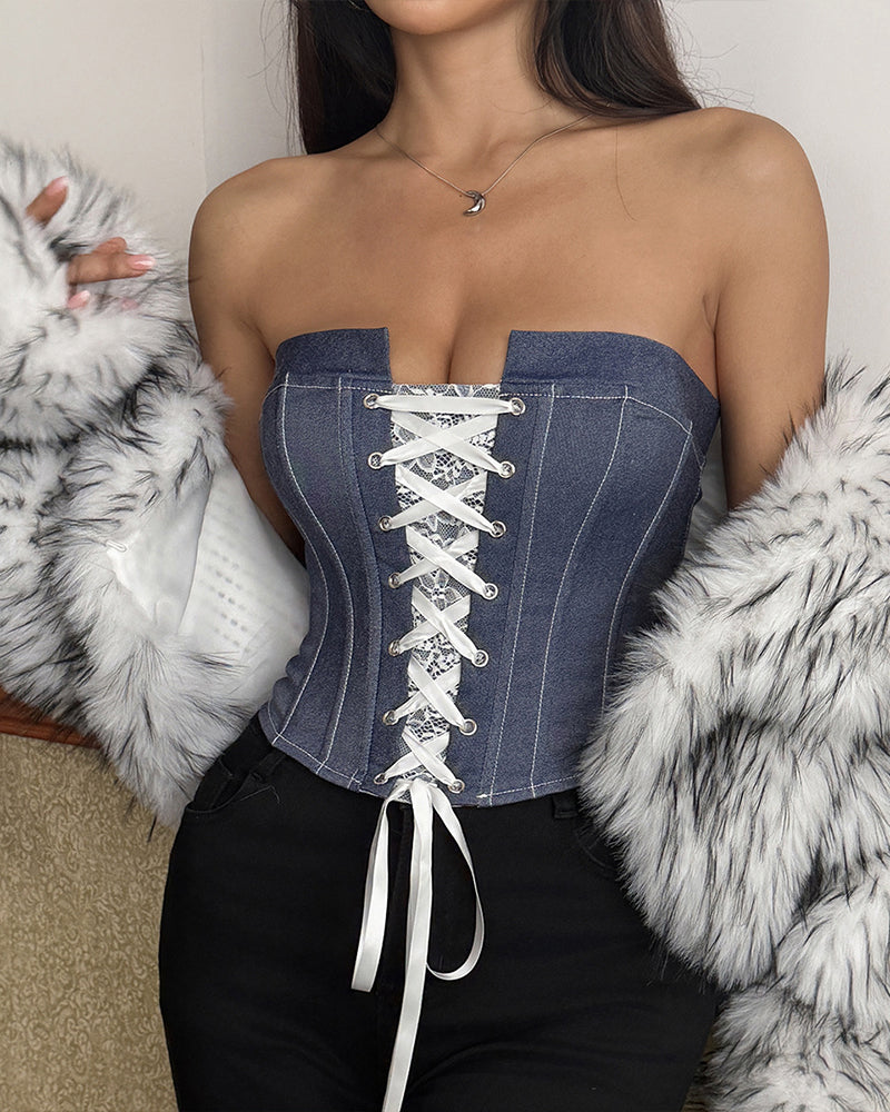 Denim Lace-Up Boned Strapless Corset Top