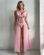 Floral Lace Sheer Mesh Maxi Skirt & Thong Set