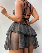 Sparkly Black Glitter Mesh Lace-up Babydoll (Not Bra)