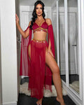 Sheer Halter Lingerie Set ¡§C Gold Tassel Chain Bra, High Slit Skirt & Arm Sleeves