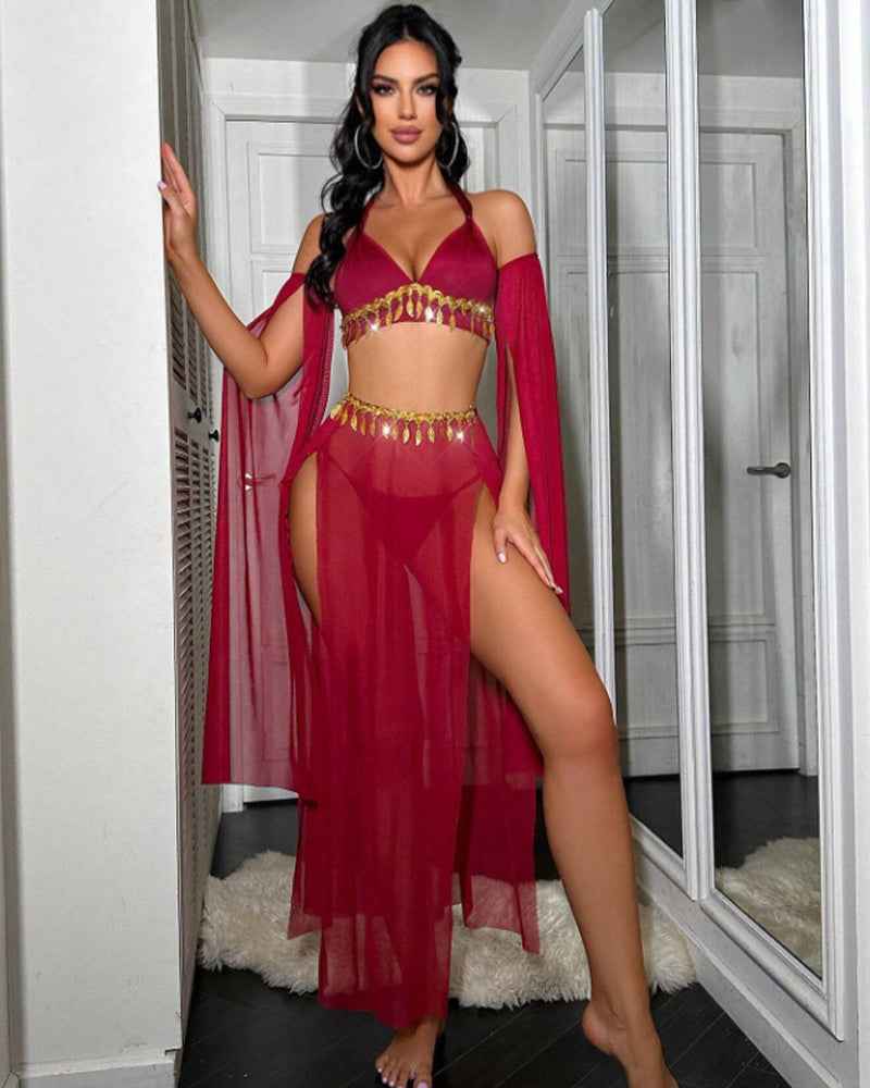 Sheer Halter Lingerie Set ¡§C Gold Tassel Chain Bra, High Slit Skirt & Arm Sleeves